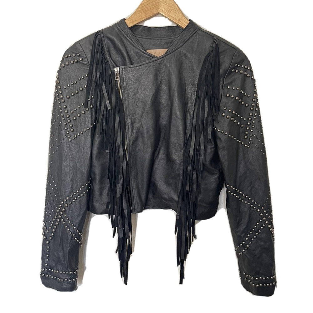 RARE Cleobella 100% Sheep Leather Jacket Fringe Cropped Beaded Sz XS Black D7.